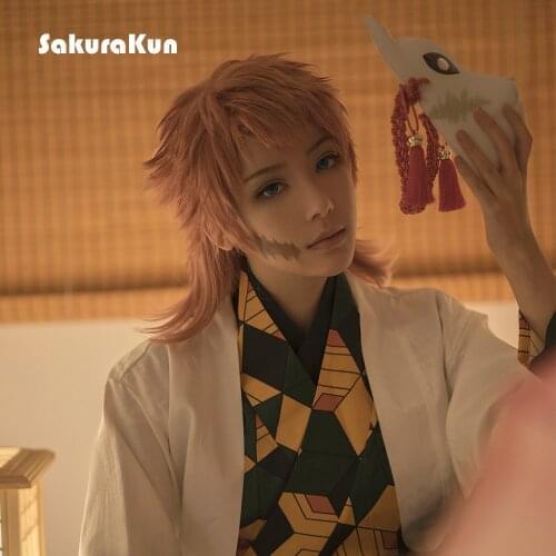 Kimetsu no Yaiba Sabito Cosplay Wig Orange Pink Short Cos Hair