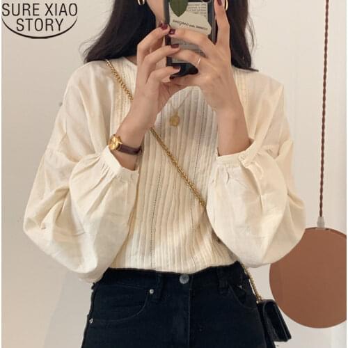 Apricot Pleated Blouse Elegant Fashion O-Neck Shirt Cotton Korean 2021 Plus Size Office Lady Casual Tops Long Sleeve Shirt 11457