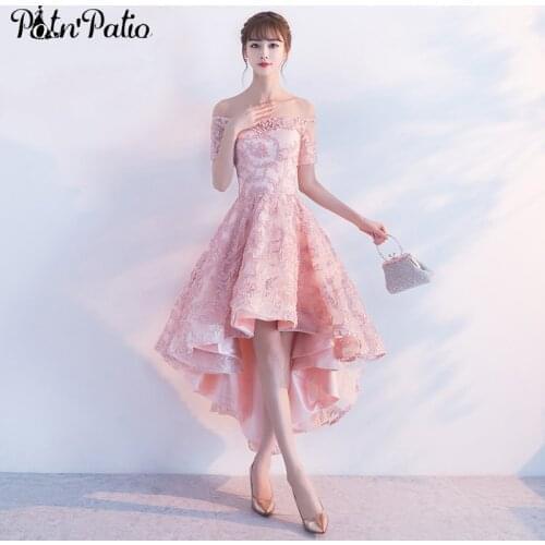 PotN'Patio High Low Homecoming Dresses Pink Off The Shoulder Lace Prom Party Dresses 2017