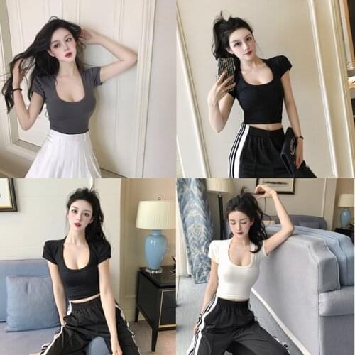 Sexy Solid Color U-neck Sports Yoga Short Sleeved T-shirt Women Slim High-waist Bottoming Shirt Crop Top