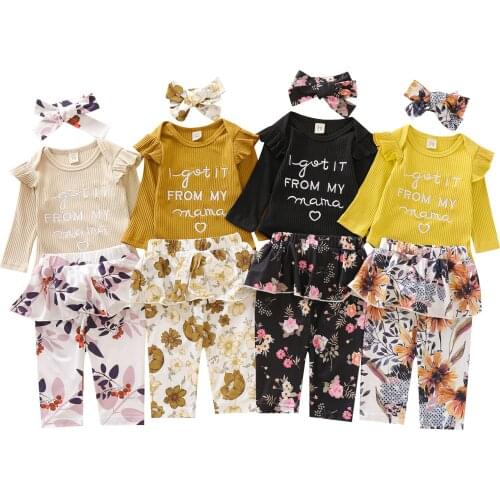 Infant Baby Girl Top, Pants Suit, Round Neck Long Sleeve Ribbed Shirt Ruffle Hem Skirt Flower Printed Loose Trousers, Headband