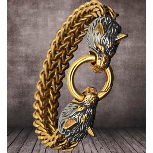 Vintage Norse-Viking Wolf Head Bracelet Punk Men Gold Color King Chain Bangles Street Culture Accessories Jewelry