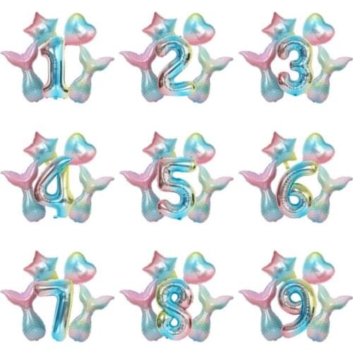 Mermaid Gradient Color Number Foil Balloon Happy Birthday Decoration Supplies Girls Baby Shower Wedding Anniversary Kids