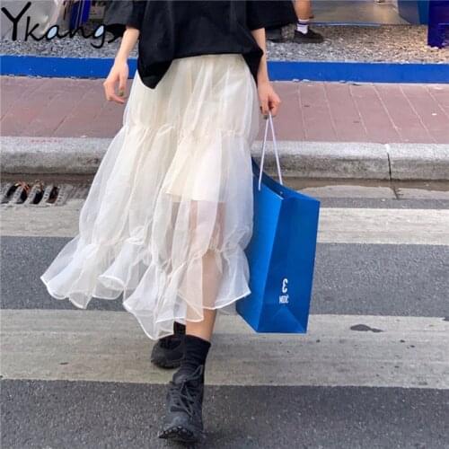 Summer Ruffle Mesh Tulle Skirt WomenS 2021 Spring New Simplicity Long Tutu Skirt High Waist Slim Temperament Midi Korean Style