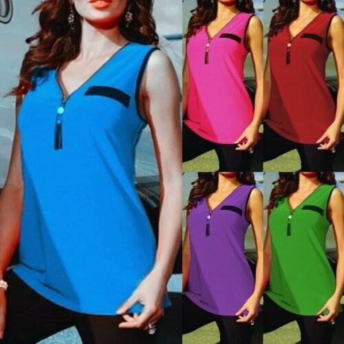Lady V-Neck Vest Tank Top Blouse Sleeveless Casual Solid T Shirt Tee