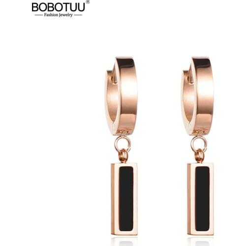 BOBOTUU Fashion White & Black Shell Hoop Earrings For Women Rose Gold Color Titanium Steel Female Party Earrings Jewelry BE17044
