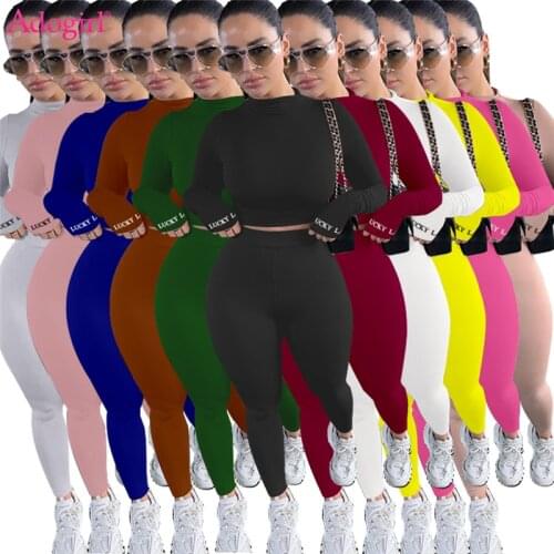 Adogirl Lucky Label Letter Embroidery Women Jogging Suit Turtleneck Long Sleeve Shirt Crop Top Pencil Pants Two Piece Set