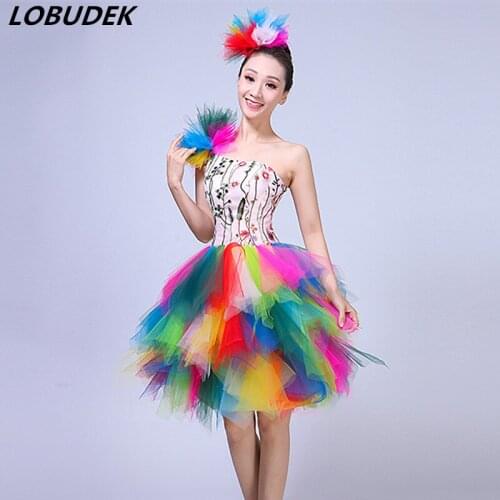 Women Modern Dance Costume Colorful Embroidery Sleeveless Short Dress Celebration Dance Team Open Dancing Performance Stage Wear