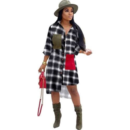 2020 Pocket Patchwork Plaid Shirt Dress Women Spring Long Seeve Turn-down Collar Button Streetwear Irregular Loose Casual Dress