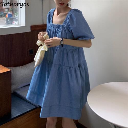 Blue Mini Dress Women Square Collar Baggy Designer Fashionable Solid Comfortable High Quality Females Daily Temperament Popular