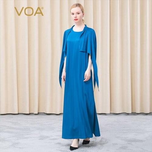 VOA Silk Stretch Twill Lake Blue Round Neck Sleeveless Robe AE796 Shawl Fake Two-piece Loose Elegance Maxi Dresses for Women