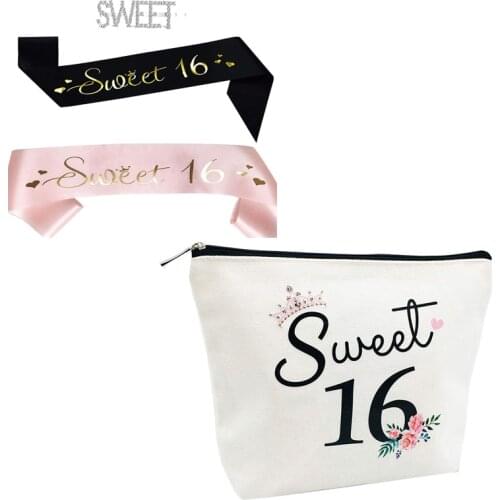Sweet 16 canvas crown Makeup Cosmetic bag hair clip sash Girls 16th 16 Years Old Sixteen Birthday Gift decoration favor supplies