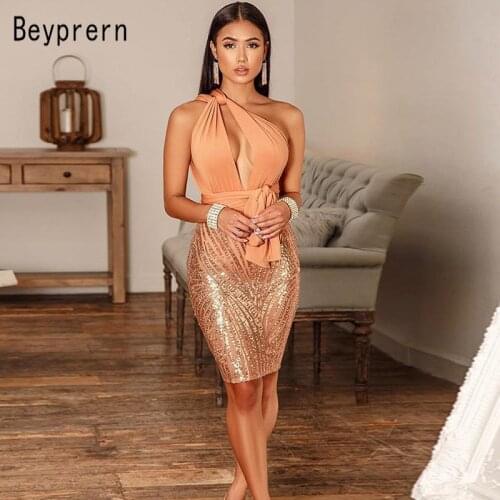 Beyprern Luxury Sequins Bodycon Bandage Party Dress Fashion Women Gorgeous Sequin Mini Dress Night Clubwears Birthday Outfits