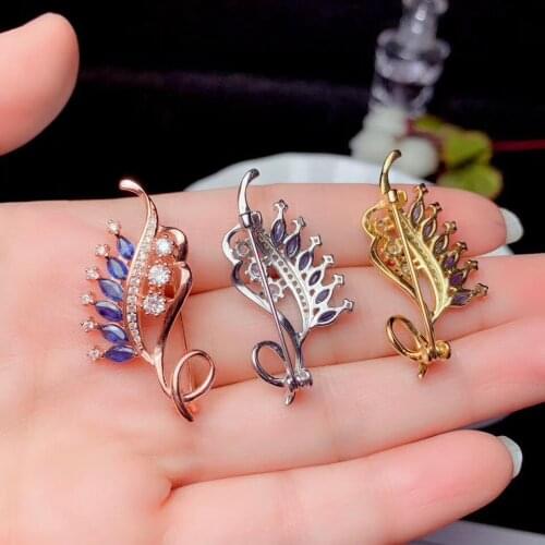 Natural sapphire Brooch 925 pure silver precision made leaf style