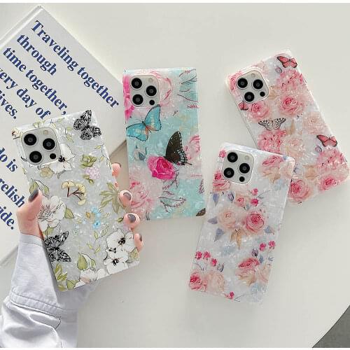 Square Shell Pattern Case For iphone 11 12 Pro Max 7 8 plus X XR XS Max SE 2020 Fashion Butterfly Flower Leaf Protection Cover