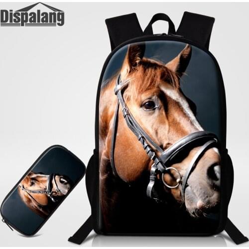 Dispalang Newest Design Brown Horse Animal School Bags For Primary 2PCS/Set Backpack Pencil Case For Children Mochilas Bookbags