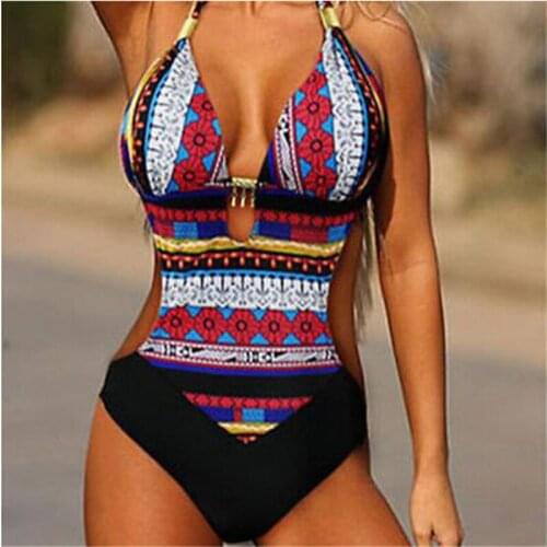 Women Vintage Swimsuit Sexy Ethnic Print Halter Lace-up Bandage Swimwear Female Bathing Suit Ladies Monokini Beachwear