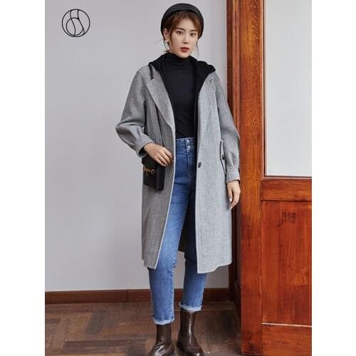 DUSHU Plus size hooded long wool blend coat Women casual streetwear cashmere winter coat Female vitnage oversized jacket 2020