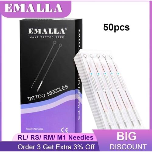EMALLA 50PCS RL/RS/RM/M1 Tattoo Needles Disposable Assorted Sterile Liner or Shader Tattoo Needles for Machines Tattoo Supplies