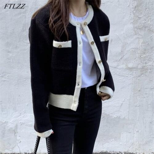 FTLZZ New 2021 Vintage Short Pockets Short Knitwear Wild Tops Fashionable Elegant Cardigan Womens Autumn Winter Sweaters