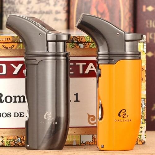 GALINER Smoking Tool Metal Butane Gas Cigar Lighter 2 Torch Flame Windprood Cigarette Lighters With Built-in Cigar Punch Needle