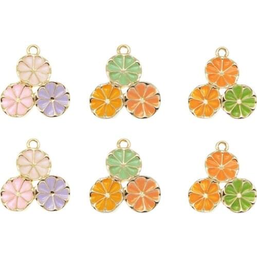Julie Wang 6PCS Enamel Tricolor Flower Charms Alloy Gold Tone Round Flowers Pendant Bracelet Earrings Jewelry Making Accessory