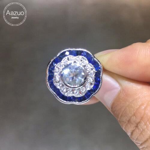 Aazuo Original Real 14K White Gold Natural White Aquamarin Blue Saphire Real Diamonds Crassic Flower Ring gifted for Women Au750