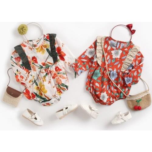 Infant Bodysuit Spring New Baby Girls Long Sleeve Pure Cotton O-neck Floral Print Romper Girls Cute Princess Outdoor Costume