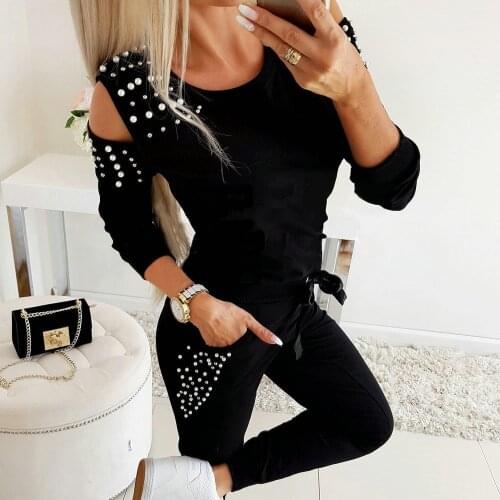 Two Piece Women Clothing Sets Casual Tracksuit Clothing Outfit Long Sleeve Pearl Hollow Out Solid Lady Clothes Top and Pants Set