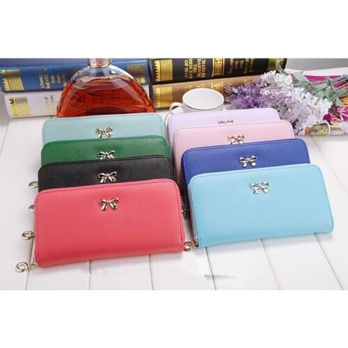 Cards Holder Wallet Ladies Cute Bowknot Women Long Wallet Pure Color Clutch Bag 2021 New PU Leather Purse Phone Card Holder Bag