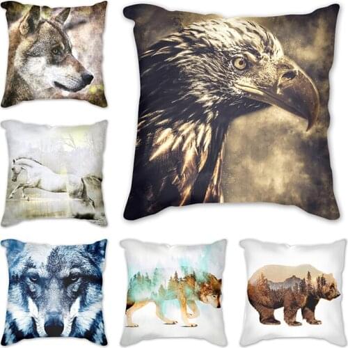 Linen Bed Cushion Cover Wolf horse bear eagle deer lion leopard flamingo Decorative Pillows for Sofa Case Farmhouse Home Decor