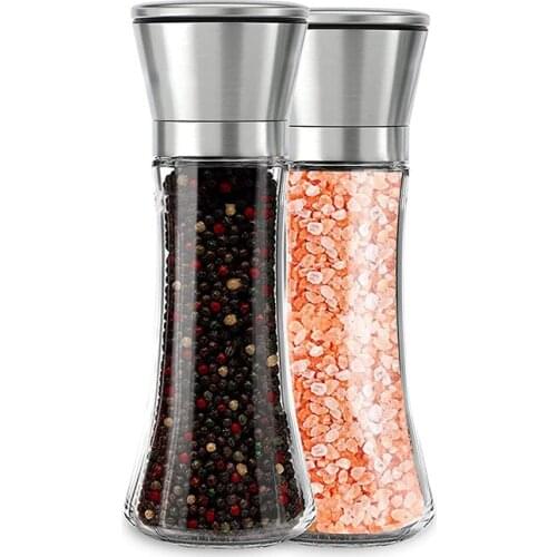 Salt and Pepper Grinder Refillable 304 Brushed Stainless Steel Shaker Adjustable Ceramic Sea Salt & Pepper Grinder Tall Glass