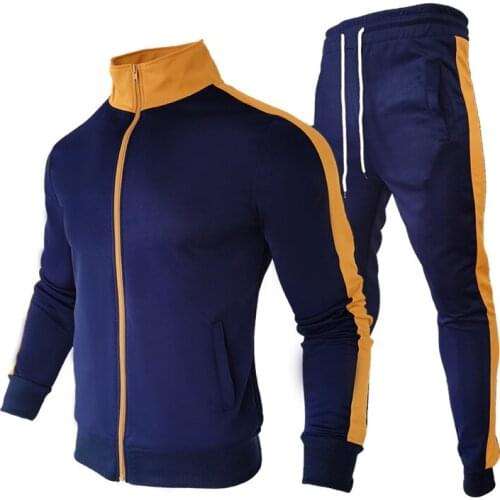 Mens CasualSuit Two Piece Suit Sportswear Fitness Clothing Fashion Color Matching Jogging Clothes Spring Autumn Coats+Pants Set