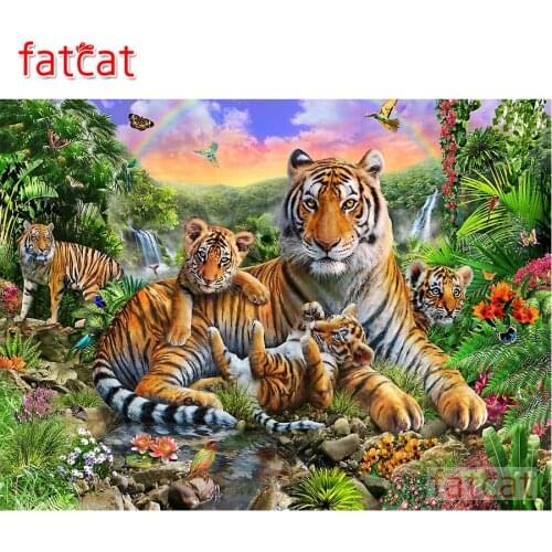 FATCAT Tiger Family 5d diy diamond painting cross stitch full square round drill diamond embroidery rainbow animals AE3118