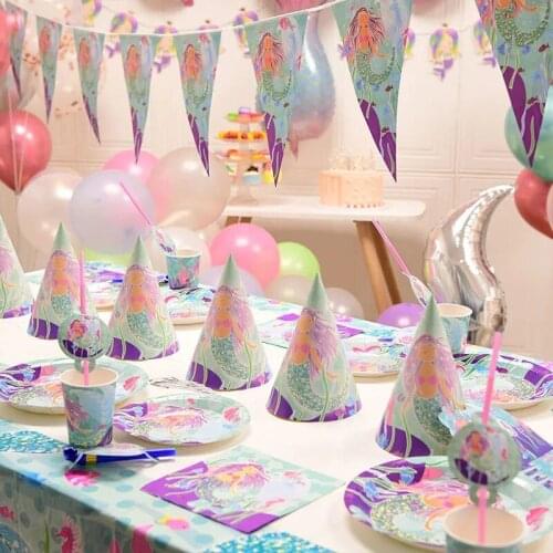 Mermaid theme childrens birthday party set table cloth paper cup banner pull flag top hat decoration baby party