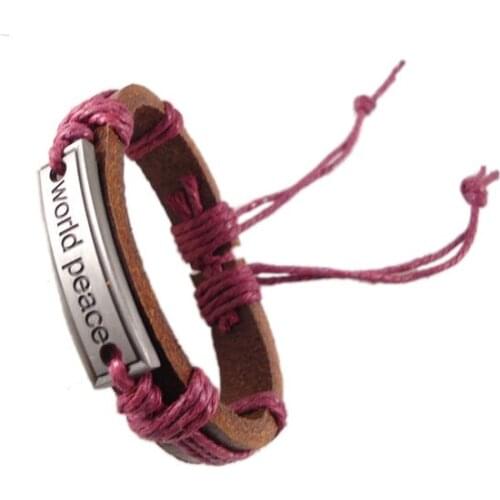 New world peace letters symbol alloy charm handmade hemp rope genuine leather wrap belt Bracelets bangle jewelry women men
