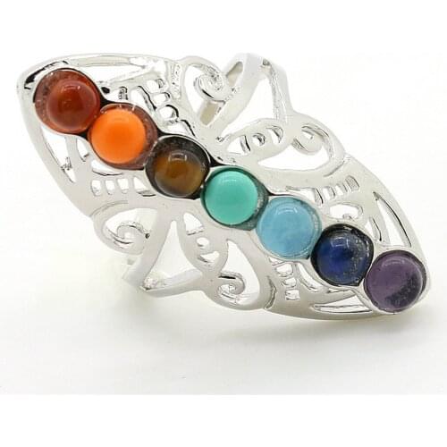 Wholesale 6pcs/lot 7 Chakra Stone Bead Finger Rings Reiki Balance Meditation Healing Point Charm Adjustable Yoga Hollow Flower
