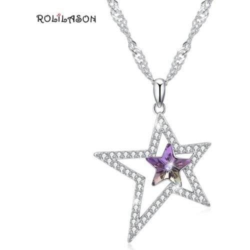 ROLILASON 925 Sterling Silver Pink Star Shape Necklace bling Pendant Anniversary Gift sp69