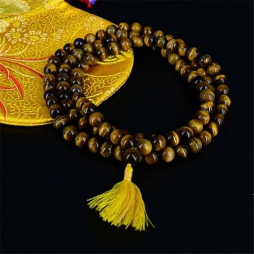 8mm Tigers Eye Gemstone Tassel Mala necklace 108 Beads MONK Lucky Buddhism Wristband Healing Gemstone Chakas Bless Wrist