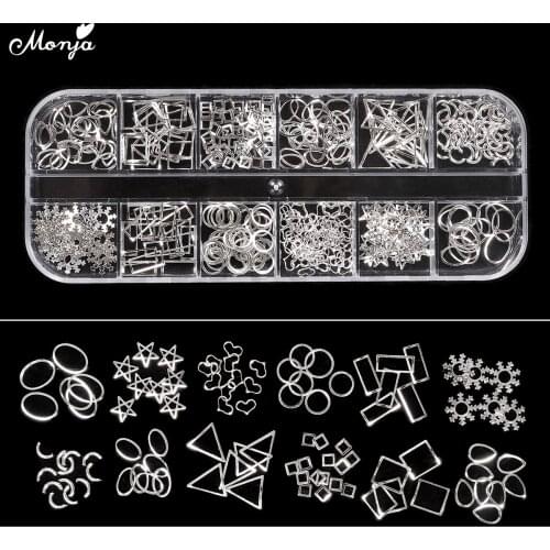 Monja 12 Grid Gold Silver Mixed Styles Nail Art Star Heart Geometric flake Metal Rivet Studs 3D DIY Charm Decoration Accessories