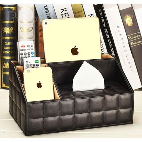 XRHYY Black Leather Quilted Design Supplies Organizer With Built In Tissue Box Holder. 4 Compartment Desktop Organizer