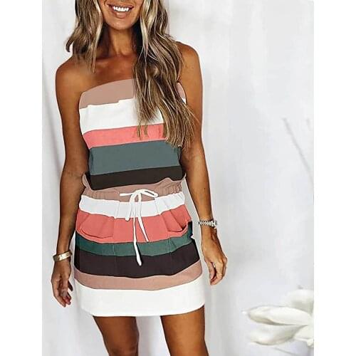 Tube Top Dresses Women Striped Print Skirt Sleeveless Knee Length Skirts Open Back Sexy Drawstrings Dress with Pockets 2021 A50