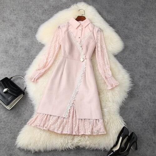 European and American womens clothing New styles for spring 2021 Long sleeved pink lace dress Suede dress straps two-piece
