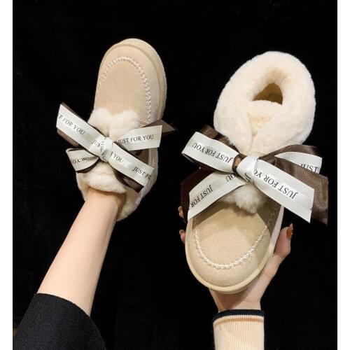 Women Boots 2021 Sweet Ribbon Bow Snow Boots For Winter Shoes Female Casual Non-slip Ankle Boots Student Plush Warm Cotton Shoes
