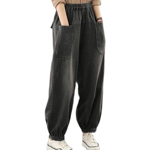 Women Denim Pants Blue Pockets Vintage Trouser 2021 Spring New Elastic Waist Fly Wide Leg Pants For Women Clothing Jeans
