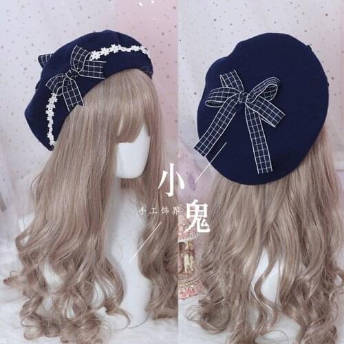 Japanese multicolor beret lolita bow girl sweet and lovely wild woolen female autumn and winter daisy hand made bow bud