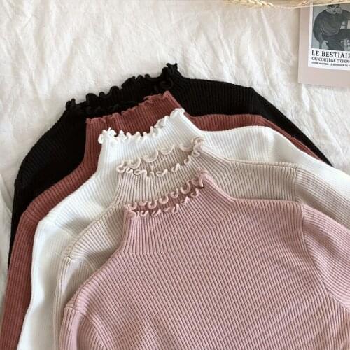 2021 Ruffles Sweater Turtleneck Ruched Women Sweaters High Elastic Solid Female Slim Sexy Knitted Pullovers