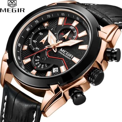 2021 New MEGIR Mens Fashion Sports Quartz Watch Men Leather with Chronograph Mens Watches Military Waterproof Sport Wrist Watch