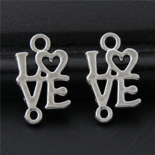 50pcs Silver Color Hollow Love Heart Letters Charms Inpire Pendant Gift for Lover Connectors Handmade Jewelry 17x10mm A3082