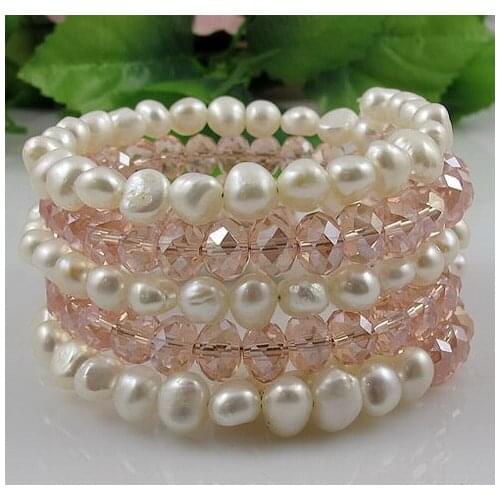 Unique Pearls jewellery Store 5rows 6x8mm Pink Crystal White Freshwater Pearl Bracelet Perfect Wedding Birthday Women Gift